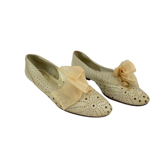 Bass 1930s style shoes 70s 80s vintage white leather perforated wingtip lace up - Picture 4 of 9